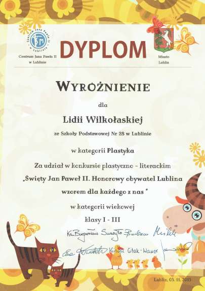 Uczniowie z naszej szkoy laureatami konkursu ,,wity Jan Pawe II. Honorowy obywatel Lublina wzorem dla kadego z nas